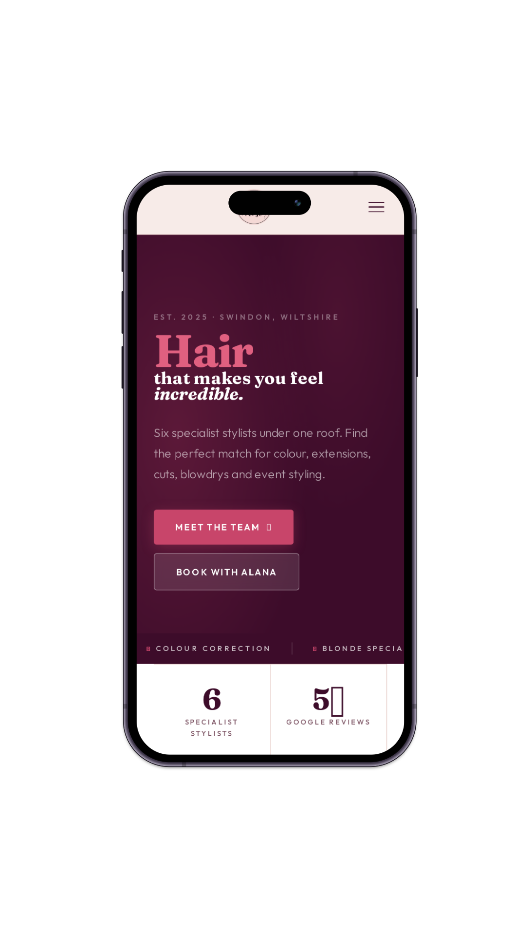 Platinum Rose Hair Salon website on mobile